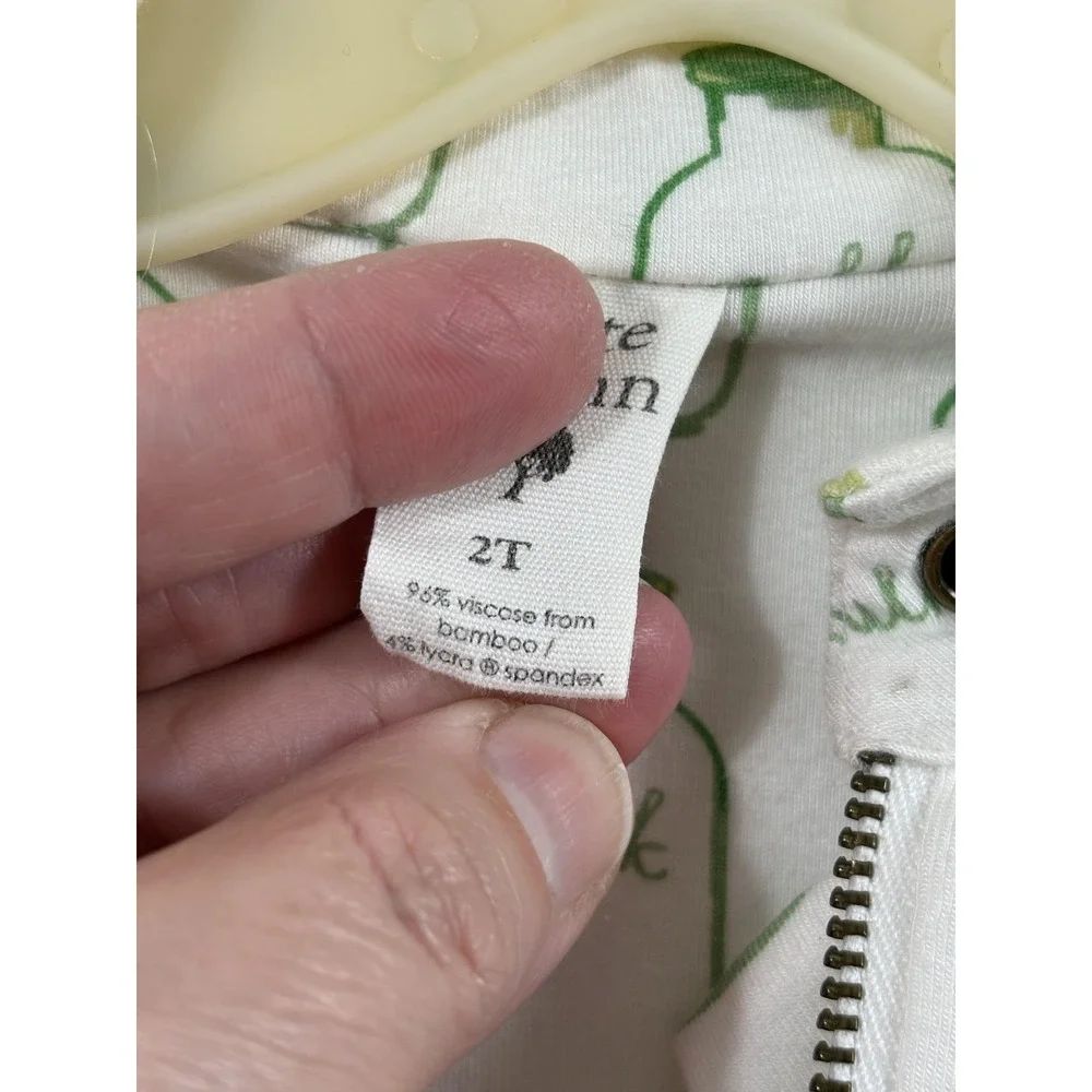 Quinn Jacket Girls 2T White Green Milk Bottle Print‎ Bamboo Zip Moto Sweatshirt